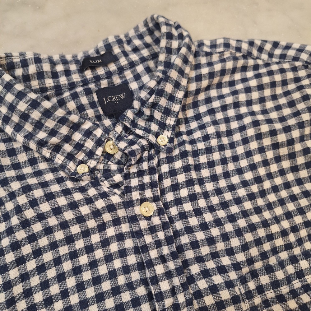 J.Crew Linen Blend Button Down Shirt Mens L Navy Gingham Slim Fit Short Sleeve‎